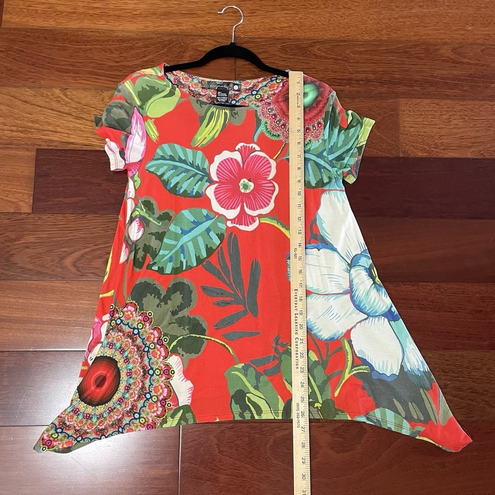 Desigual Red Floral Blouse Top Tunic Trapeze Sidetail Boho Artsy Colorful S B3 - Picture 11 of 12